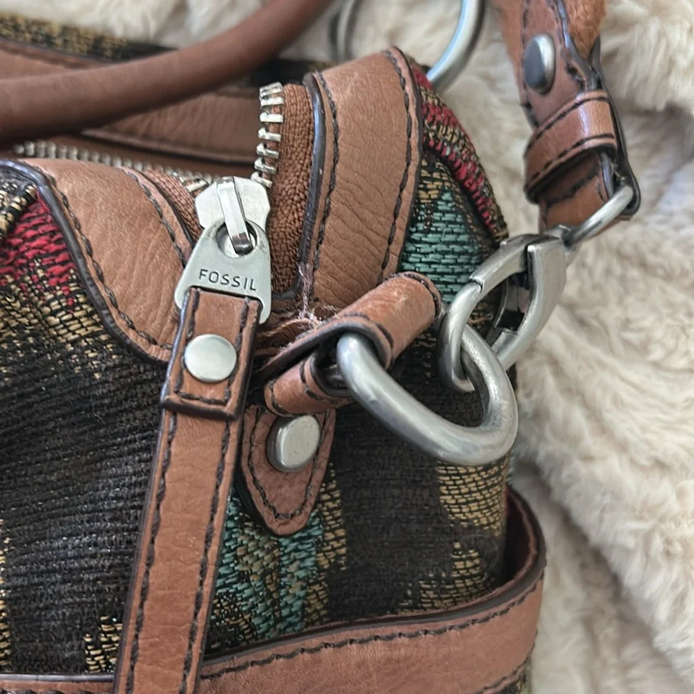 Fossil Multicolor Tapestry Satchel with Brown Leather Trim